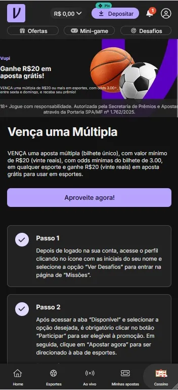 Promo&ccedil;&atilde;o Ven&ccedil;a uma M&uacute;ltipla da Vupi com destaque para a aposta gr&aacute;tis de R$20 e passo a passo para participar