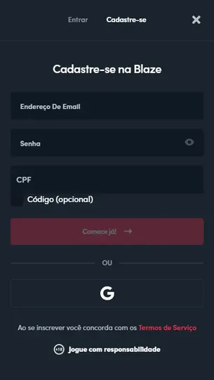 Captura de tela da p&aacute;gina de cadastro da Blaze App.