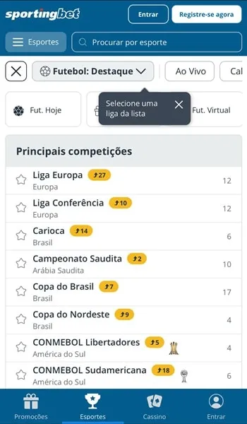 Captura de tela da p&aacute;gina de futebol da Sportingbet