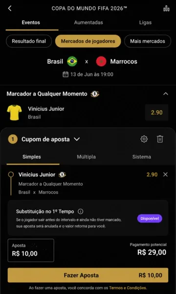 Aposta em gol do Vin&iacute;cius J&uacute;nior e o b&ocirc;nus de substitui&ccedil;&atilde;o garantido na BetMGM
