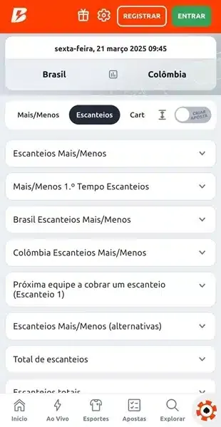 Captura de tela da p&aacute;gina de escanteios de uma partida de futebol na Betano