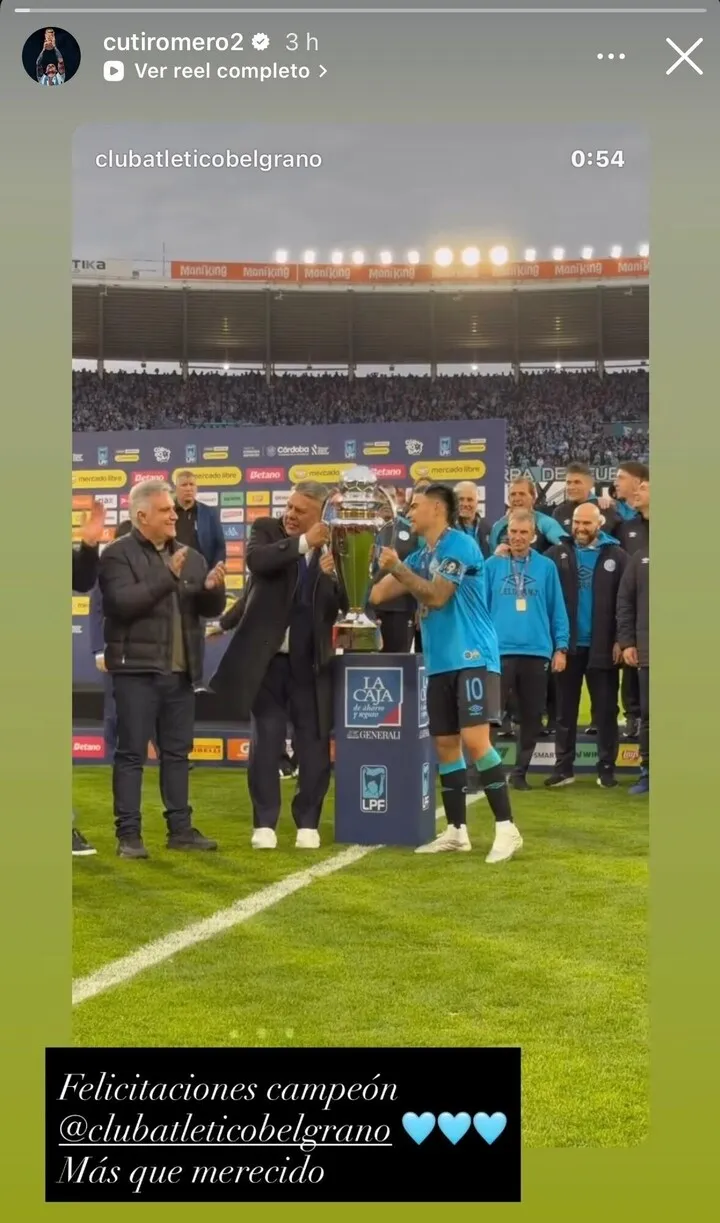 Romero publicou story comemorando t&iacute;tulo do Belgrano