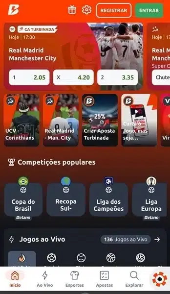 Captura de tela da p&aacute;gina inicial de esportes da Betano em compara&ccedil;&atilde;o entre Betano ou Bet365