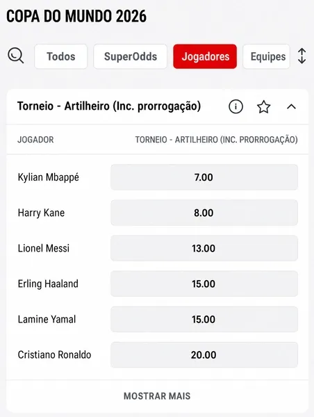 Lista com mercados de artilheiro da Copa do Mundo 2026 no site da Superbet
