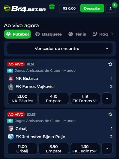 Jogos ao vivo dispon&iacute;veis na Br4bet com Match Tracker