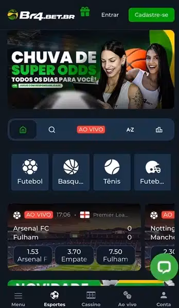 P&aacute;gina inicial da Br4bet com banner da Chuva de Super Odds e jogos em destaque no dia