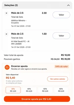 Bilhete duplo de aposta com a op&ccedil;&atilde;o de encerrar aposta na Betboo Brasil
