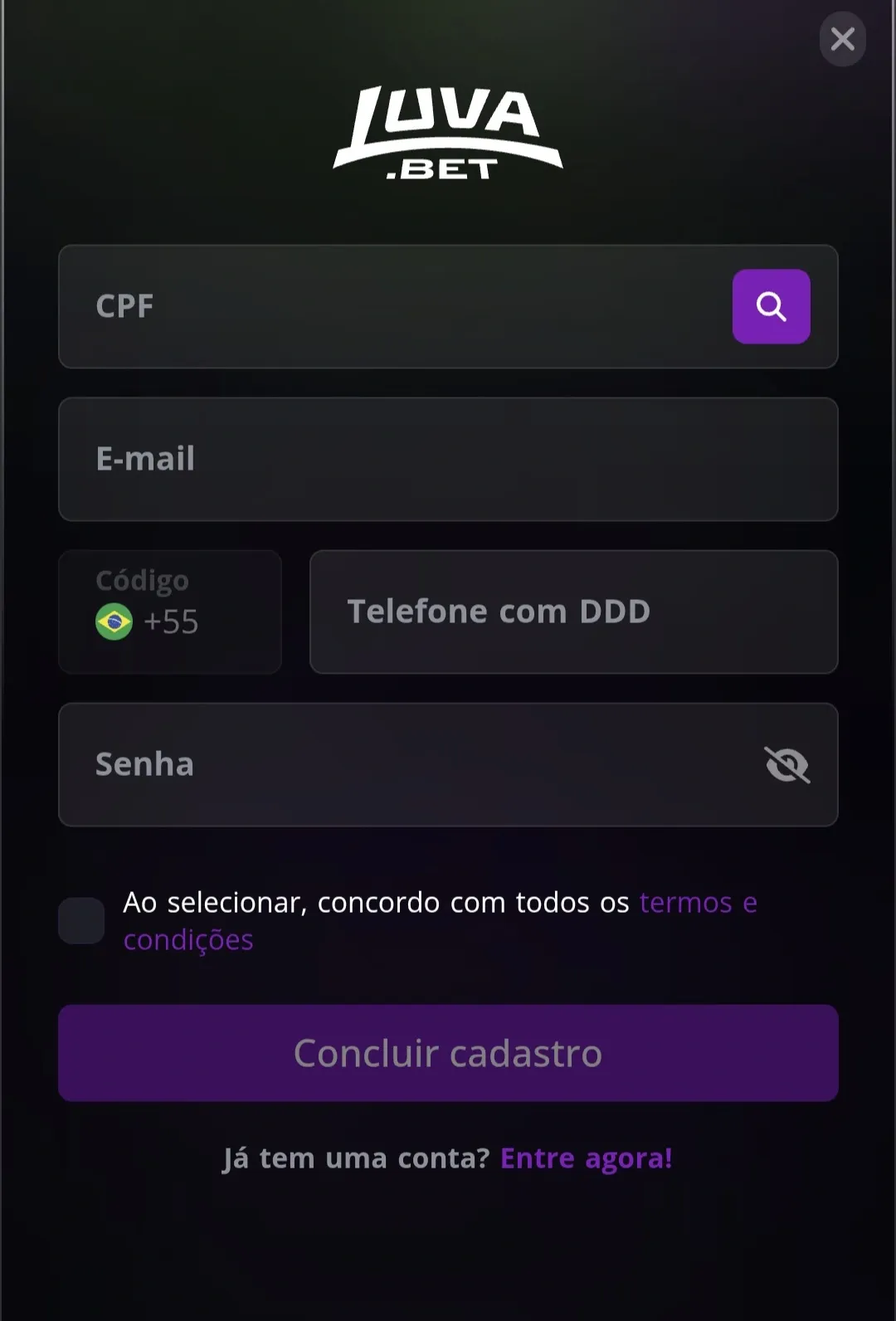 Captura de tela da p&aacute;gina de cadastro no site oficial da plataforma Luva Bet