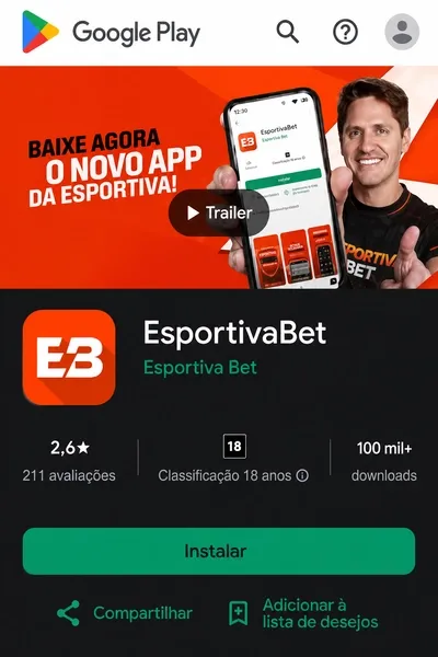 Aplicativo Esportiva Bet, dispon&iacute;vel exclusivamente para Android