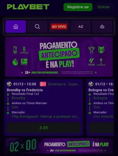 P&aacute;gina inicial da Play Bet com banner de pagamento antecipado e jogos em destaque no dia da captura