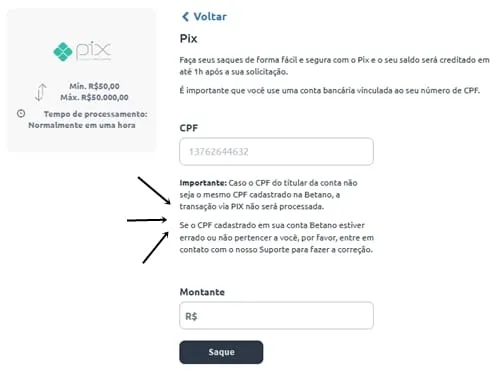 Captura de tela da p&aacute;gina de saques da Betano