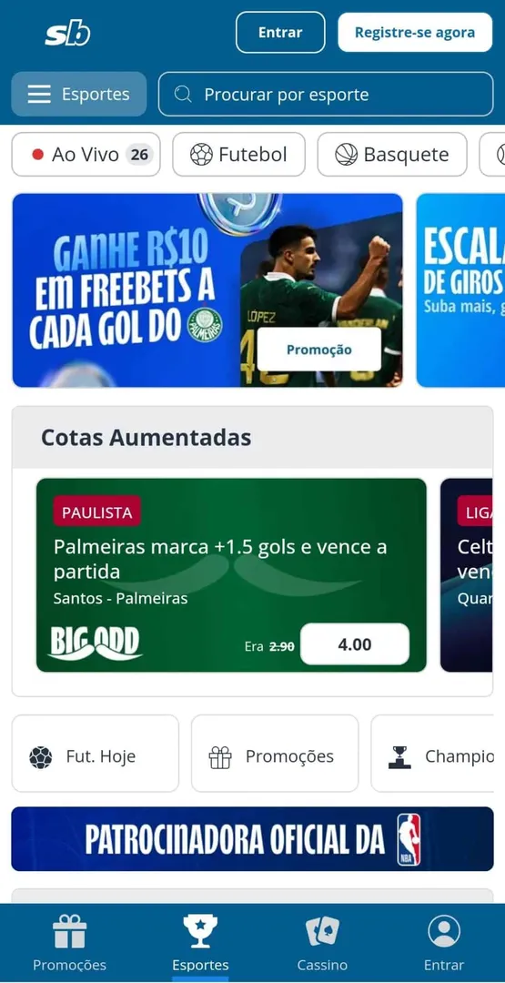Captura de tela da p&aacute;gina inicial da Sportingbet
