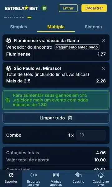 Captura de tela da Estrelabet com aposta m&uacute;ltipla e o recurso de pagamento antecipado dispon&iacute;vel em um dos jogos