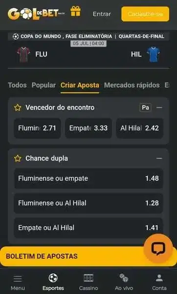 Mercados dispon&iacute;veis no Criar Aposta da nova casa de apostas Goldebet no duelo Fluminense x Al-Hilal, pelas quartas de final do Mundial de Clubes 2025