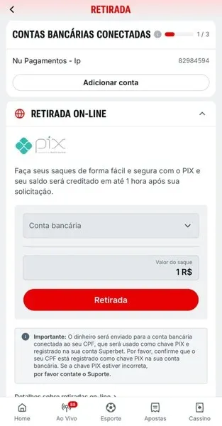Simula&ccedil;&atilde;o de saque via Pix na Superbet