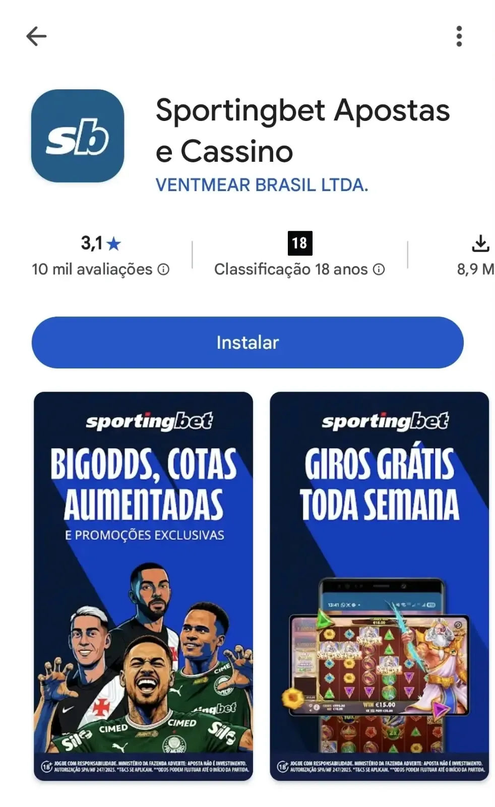 Captura de tela da p&aacute;gina do aplicativo da Sportingbet na Play Store.