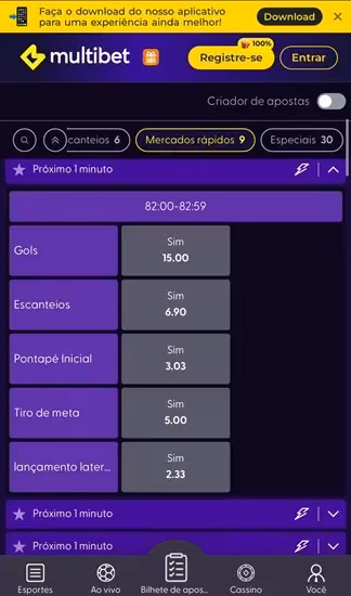 Mercados r&aacute;pidos dispon&iacute;veis em jogos de futebol da Multibet