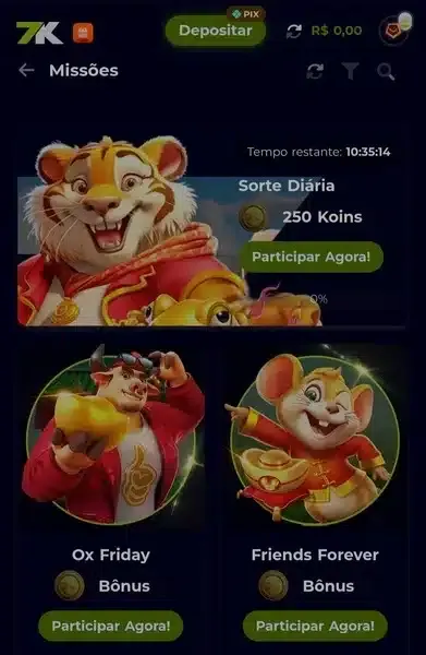 Captura de tela da p&aacute;gina com as miss&otilde;es do cassino 7K Bet
