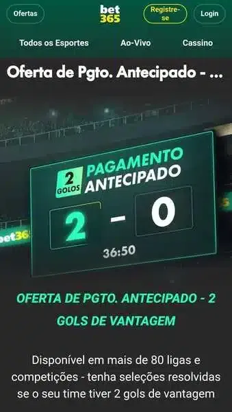 Captura de tela da oferta Pagamento Antecipado 2 gols da Bet365, uma das mais populares da casa de apostas