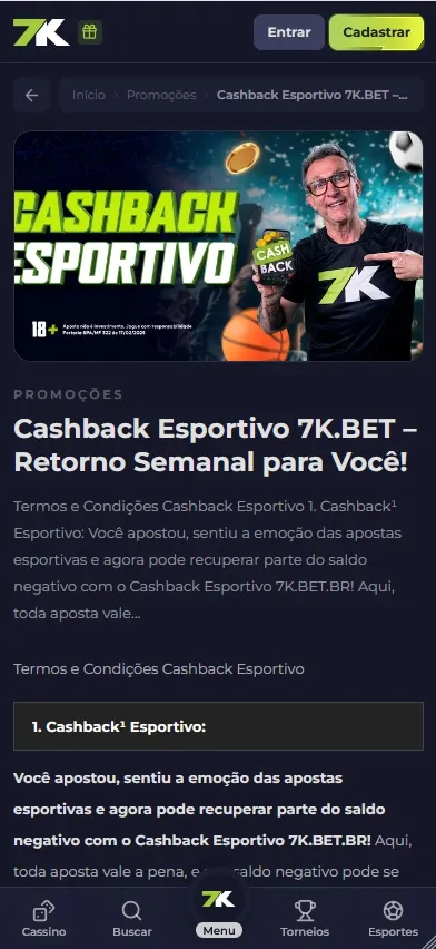Cashback Esportivo da 7K Bet com destaque para o retorno semanal e identidade visual da marca
