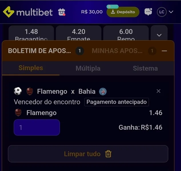 Aposta feita em app da Multibet no jogo Flamengo x Bahia

