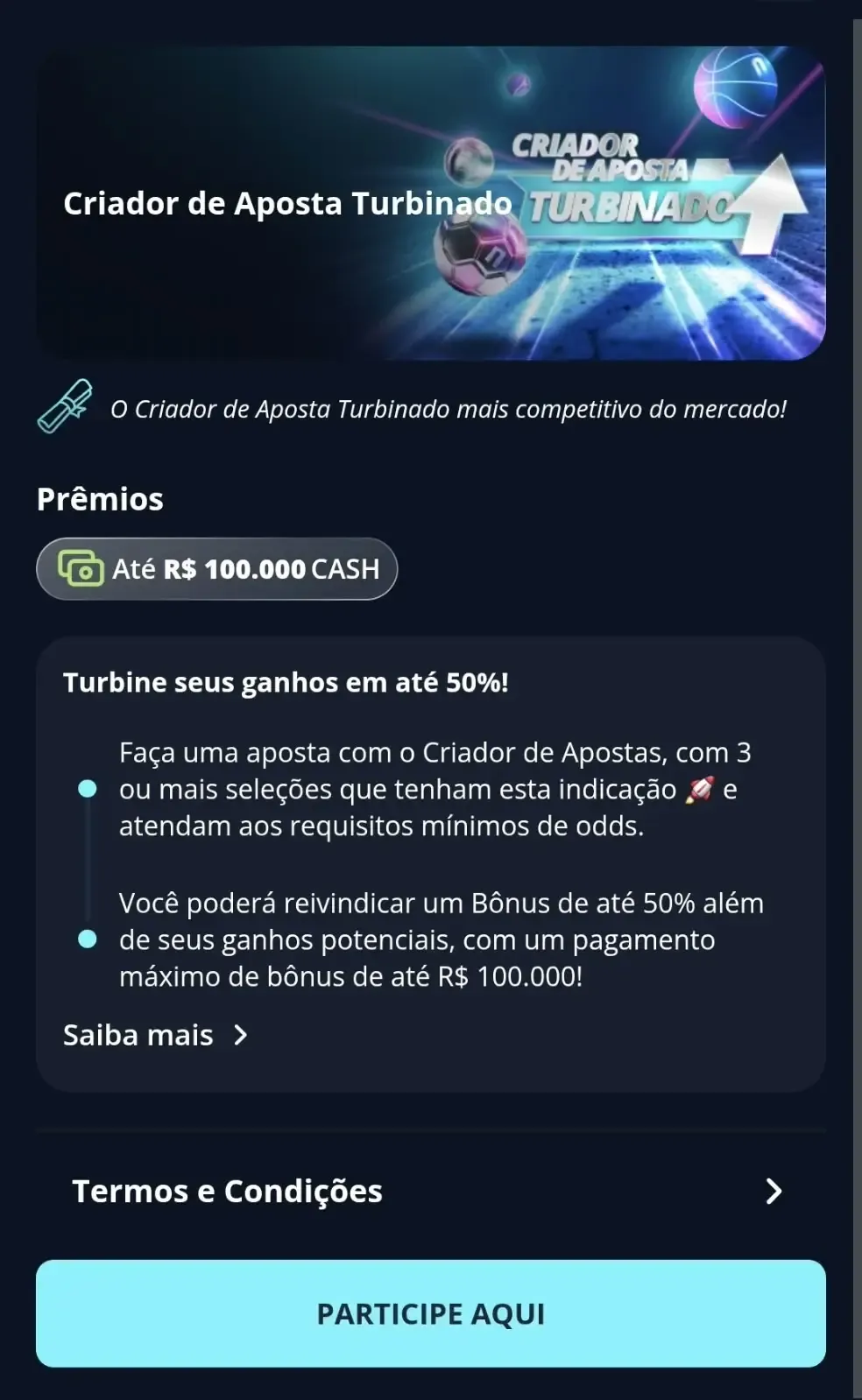 Captura de tela do recurso Criador de Aposta Turbinado da Novibet.