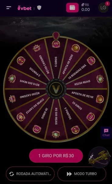 Roleta de pr&ecirc;mios exclusiva da Vbet, dispon&iacute;vel no site e no app