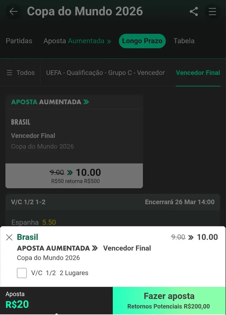 Captura de tela da Bet365 com aposta na Copa do Mundo 2026