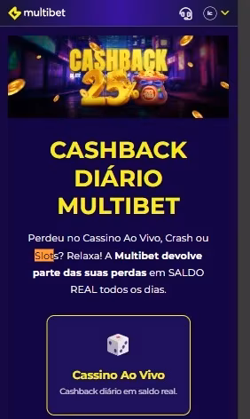 P&aacute;gina de b&ocirc;nus do cashback di&aacute;rio da Multibet, dispon&iacute;vel para jogos de cassino