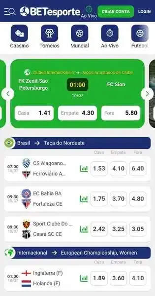 Captura de tela com as apostas esportivas dispon&iacute;veis na BETesporte