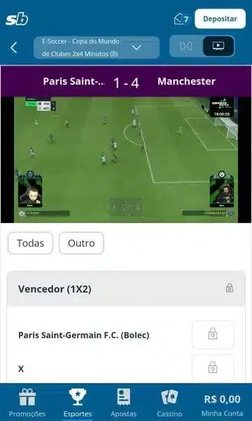 Captura de tela do streaming do app Sportingbet em um jogo de eFootball