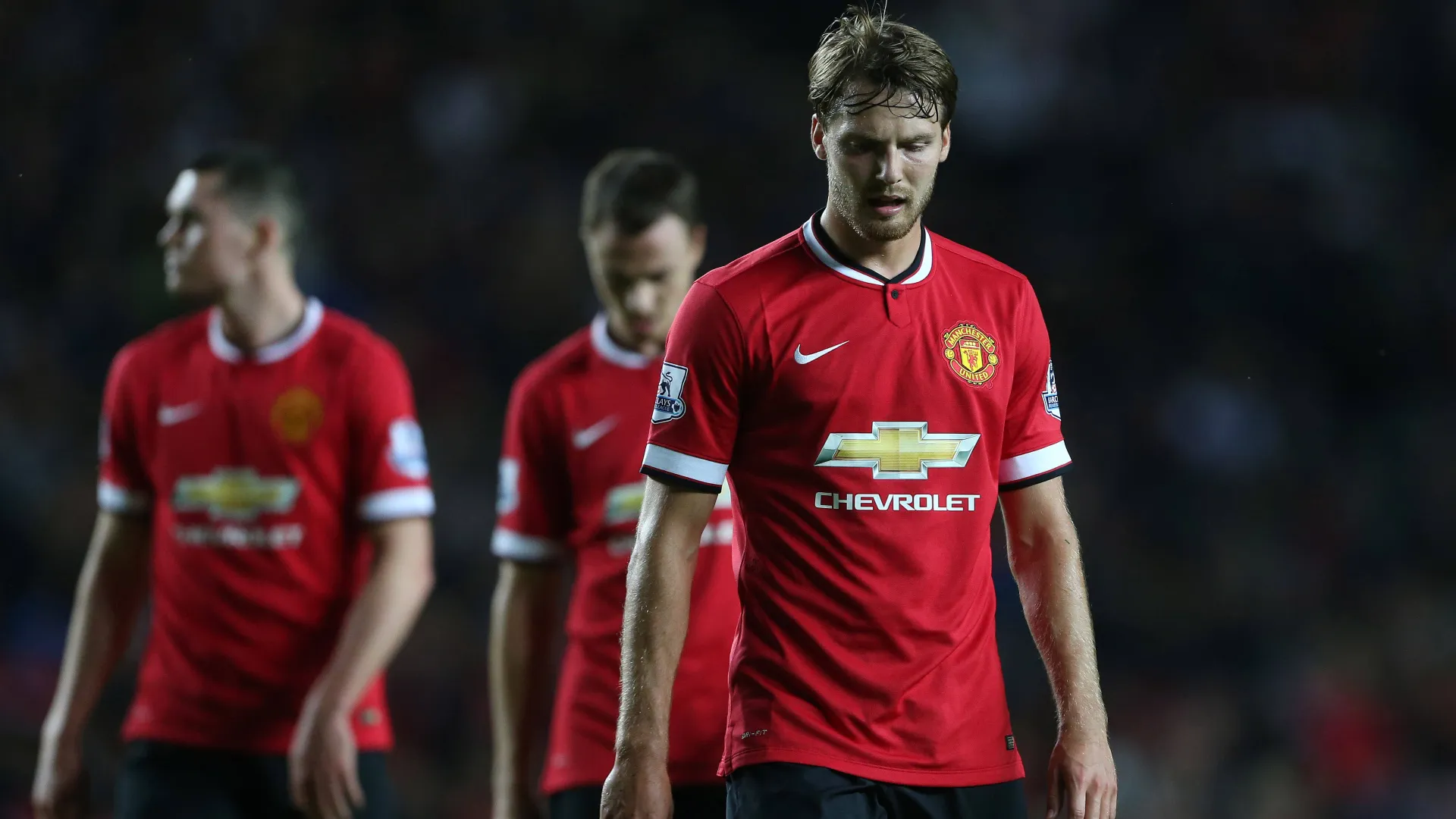 Nick Powell, jogador do Manchester United, consternado durante a partida contra o MK Dons pela segunda rodada da Copa da Liga, no Stadium MK, em Milton Keynes, na Inglaterra, em 26 de agosto de 2014.
