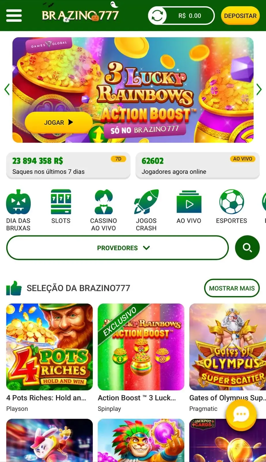 P&aacute;gina inicial do cassino online da Brazino777, com filtros r&aacute;pidos e lista de jogos da casa