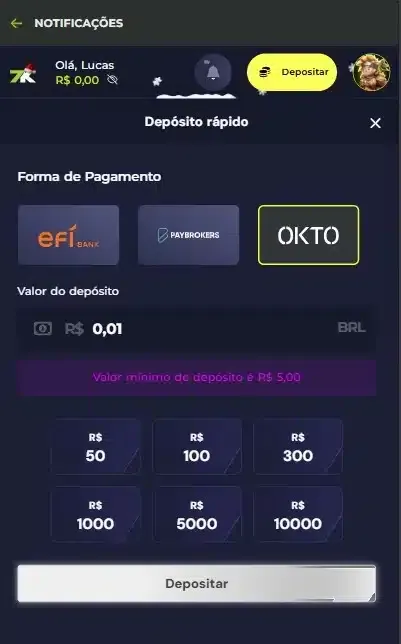 Captura de tela com os limites de pagamento da Bet7K