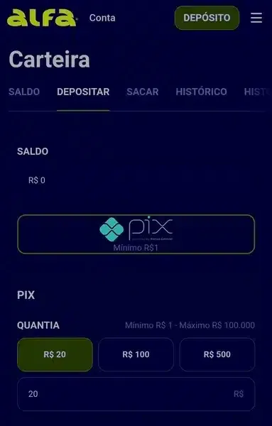 Captura de tela da p&aacute;gina de dep&oacute;sitos da Alfabet