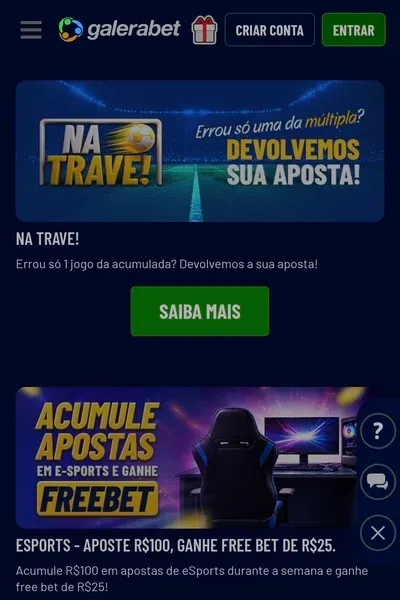 Cat&aacute;logo de promo&ccedil;&otilde;es da Galera Bet, com destaque para a oferat "Na Trave!"