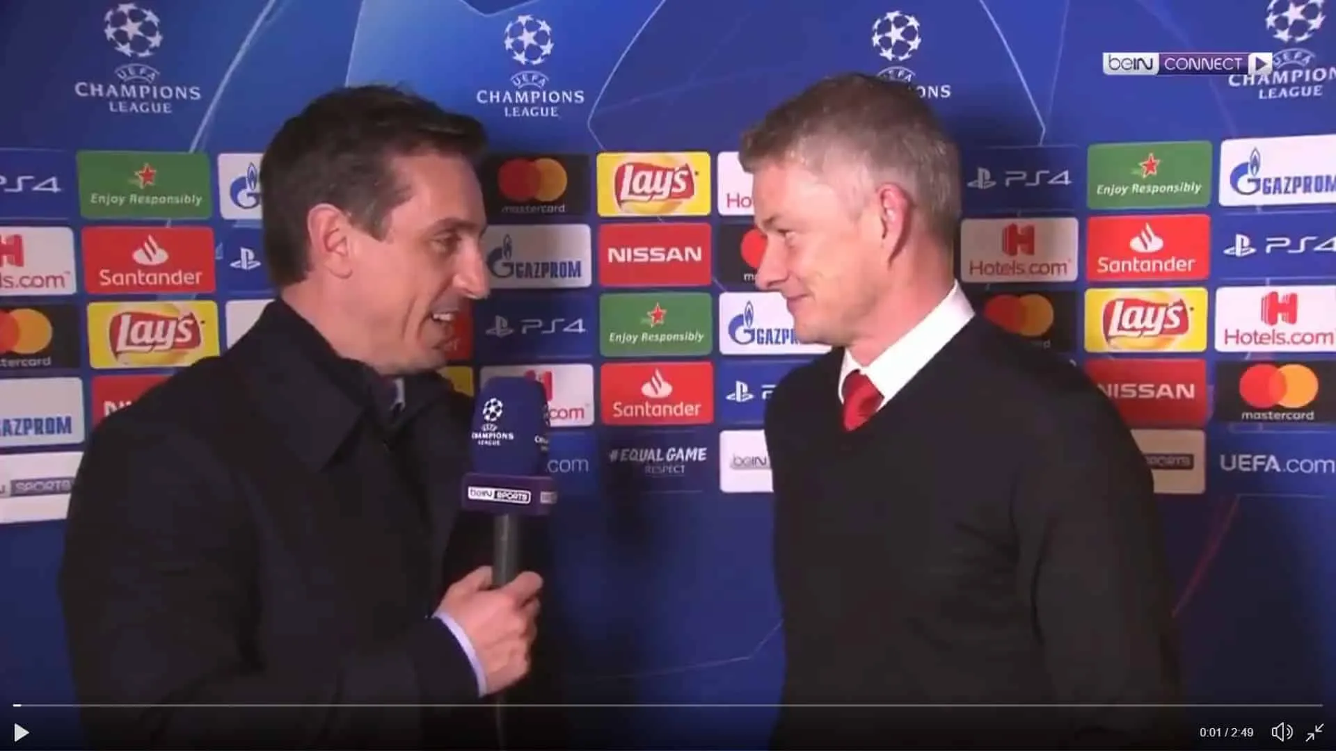 A entrevista de Gary Neville com Solskjaer ap&oacute;s a classifica&ccedil;&atilde;o do Manchester United &eacute; maravilhosa