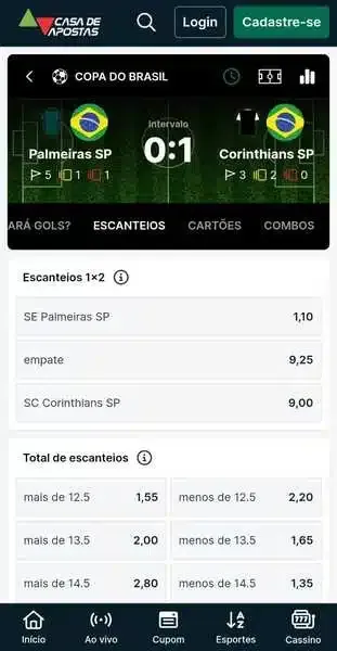Captura de tela com os mercados em escanteios da Casa de Apostas