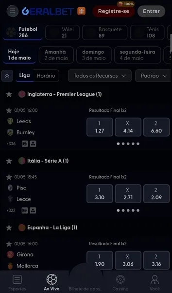 Cat&aacute;logo de jogos dispon&iacute;veis na p&aacute;gina de futebol da Geral Bet