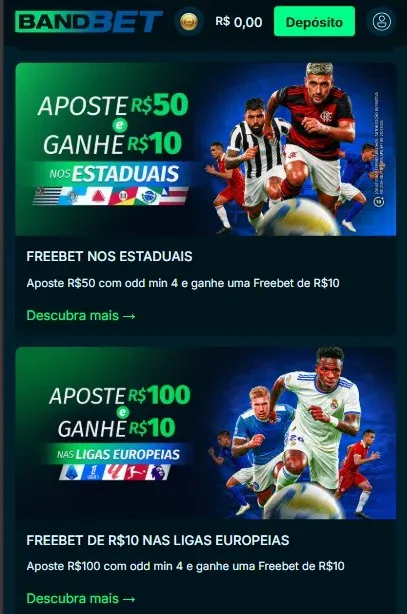 Cat&aacute;logo de b&ocirc;nus da Bandbet com destaque para ofertas de free bets em jogos dos campeonatos estaduais e ligas europeias