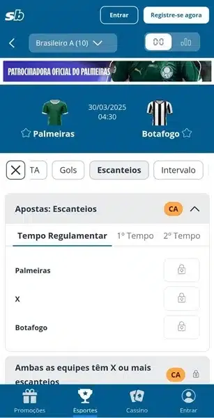 Captura de tela da se&ccedil;&atilde;o de escanteios em uma partida do Brasileir&atilde;o na Sportingbet