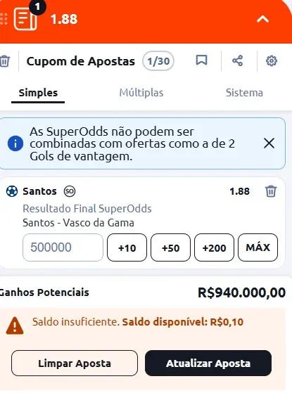 Exemplo de valor limitado de aposta em um bilhete da Betano