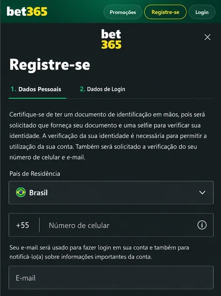 P&aacute;gina de cadastro da bet365 na vers&atilde;o mobile para smartphones