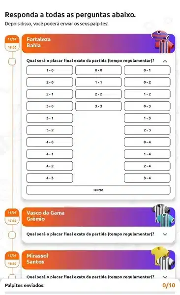 Tabela de palpites dispon&iacute;veis para uma rodada do Bol&atilde;o Betano