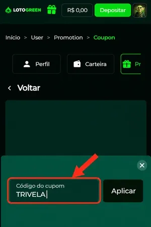 C&oacute;digo da Lotogreen sendo ativado na p&aacute;gina &ldquo;Cupons&rdquo;
