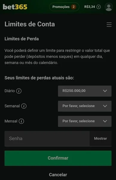 Ferramentas com limites de dep&oacute;sito em uma conta da bet365 Brasil

