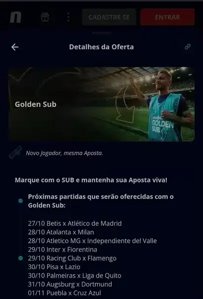 Captura de tela da funcionalidade &ldquo;Golden Sub&rdquo;, dispon&iacute;vel na casa de apostas Novibet