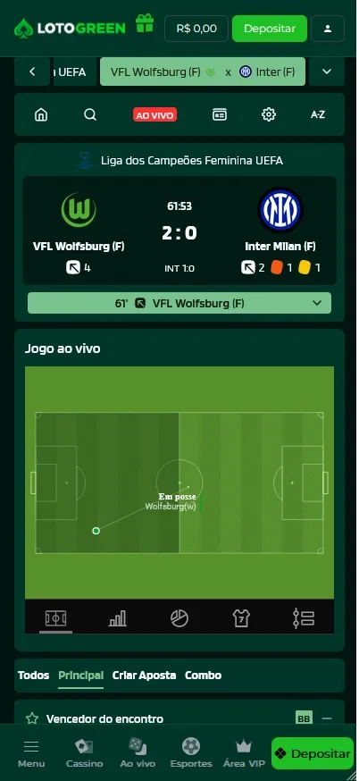 Aposta ao vivo Lotogreen com o jogo VFL Wolfsburg 2 x 0 Inter Milan na Liga dos Campe&otilde;es Feminina UEFA
