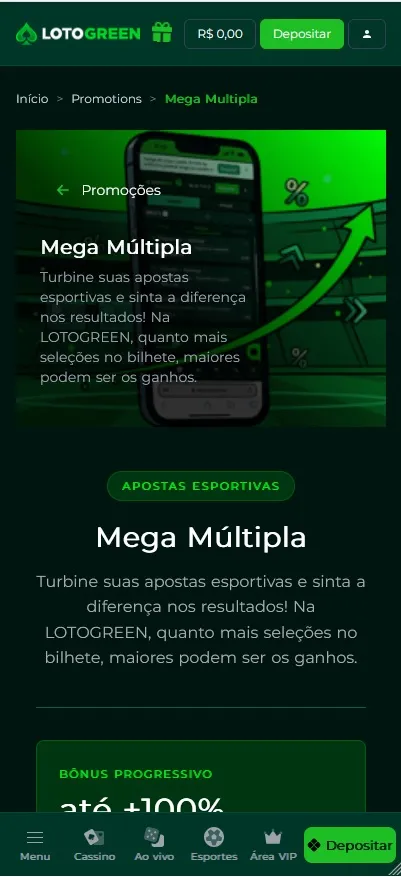 Promo&ccedil;&atilde;o Mega M&uacute;ltipla Lotogreen com b&ocirc;nus progressivo de at&eacute; 100% em apostas esportivas
