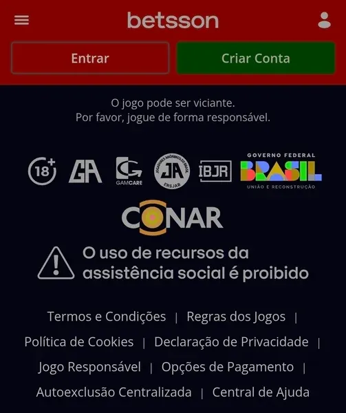 Rodap&eacute; da p&aacute;gina inicial da Betsson com detalhes sobre a confiabilidade da marca
